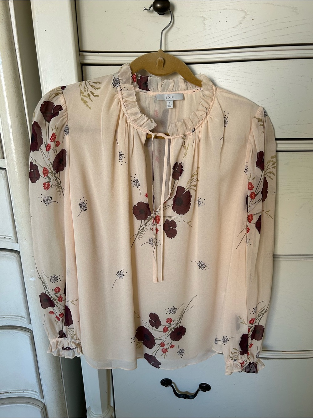 Joie Pale Cream Floral Tie-Neck Ruffle Blouse